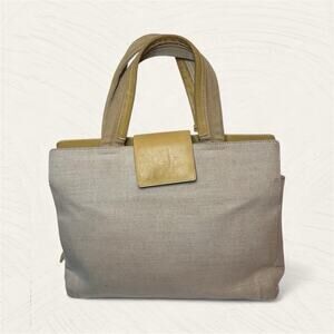 Prada Hand Bag Beige Yellow Canvas Leather Tote Authentic Vintage